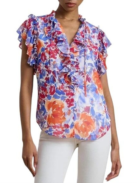 Lauren Ralph Lauren Tops - Lauren Ralph Lauren Womens Floral Ruffle Trim Georgette Blouse